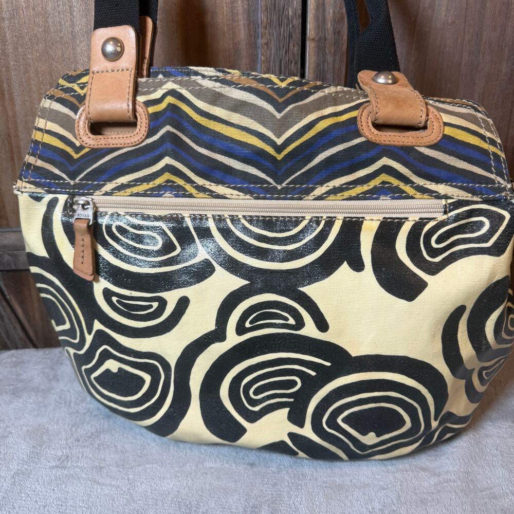 Fossil Abstract Print Canvas Tote Bag Black Cream Blue Yellow Shoulder Purse